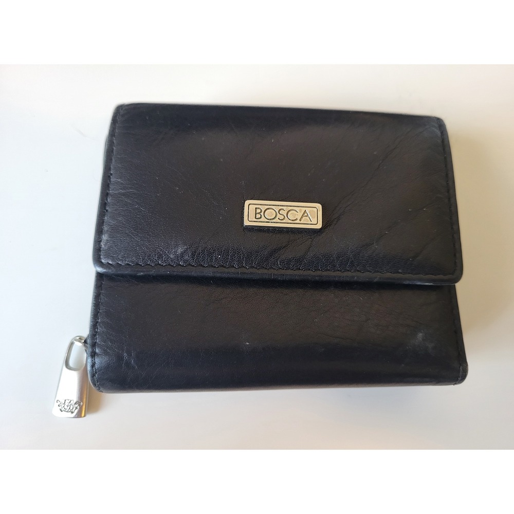 Bosca‎ Nappa Vitello Black Leather Trifold Wallet Zip Coin Pocket ID Window